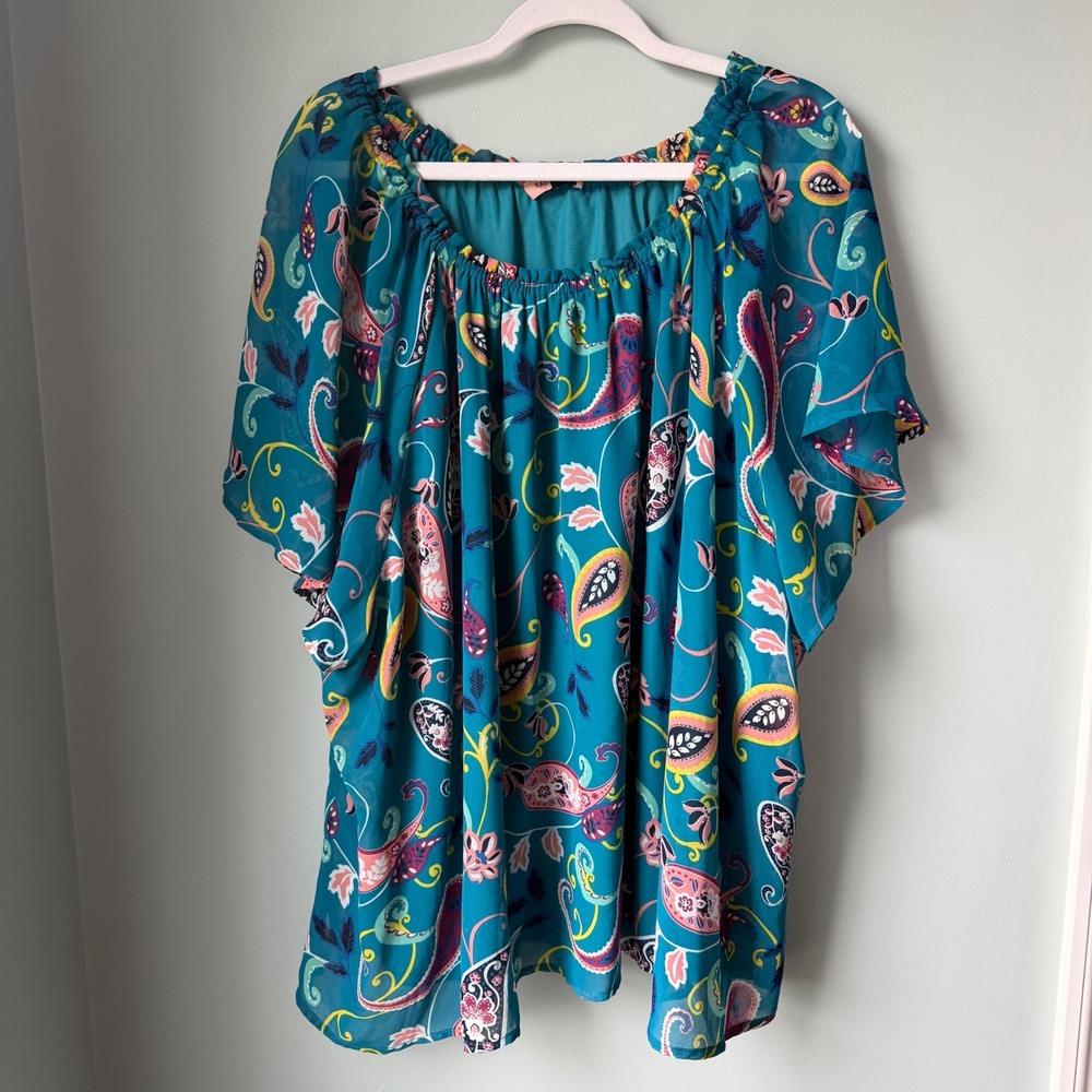 East Adeline Blue Paisley Print Short Sleeve Top Scoop‎ Neck Size 5X